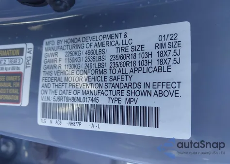 2022 Honda Cr-V Hybrid Ex-L z USA, uszkodzony, nr VIN 5J6RT6H86NL017445